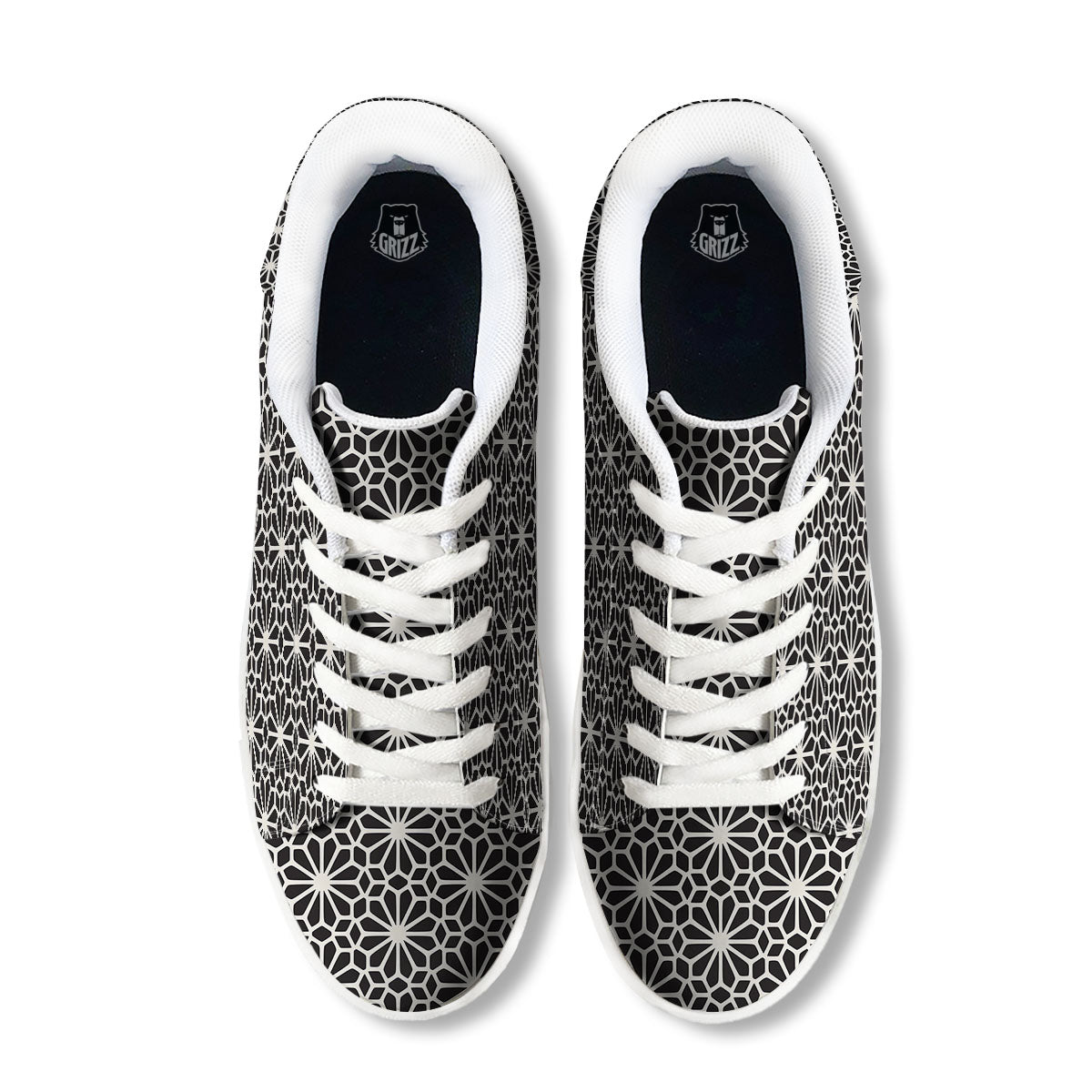 Geometric Floral White And Black Print White Low Top Sneakers-grizzshop