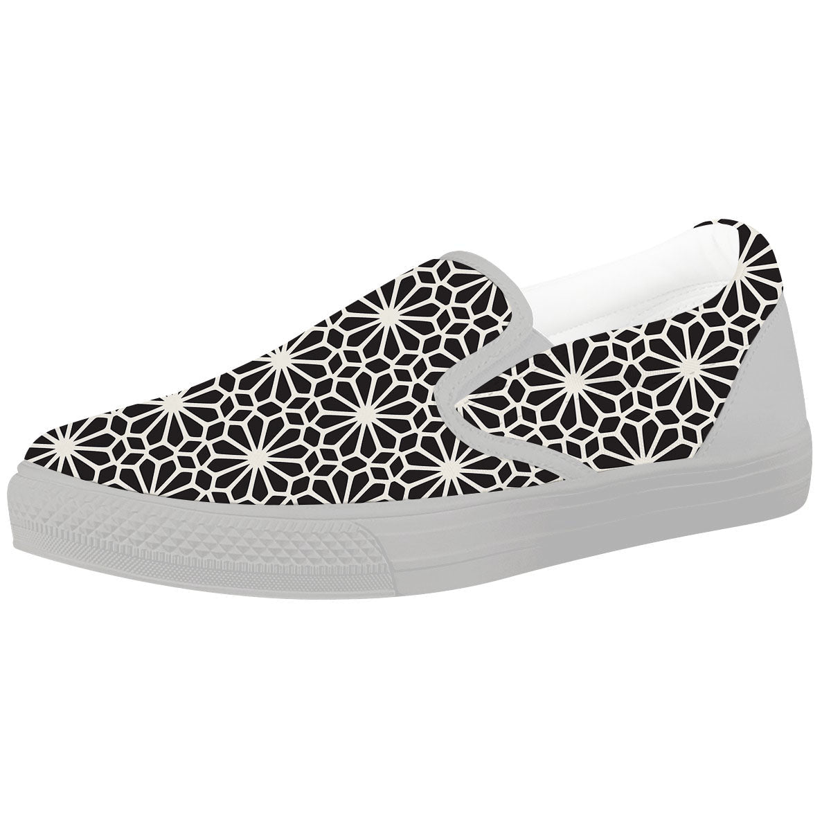 Geometric Floral White And Black Print White Slip On Shoes-grizzshop