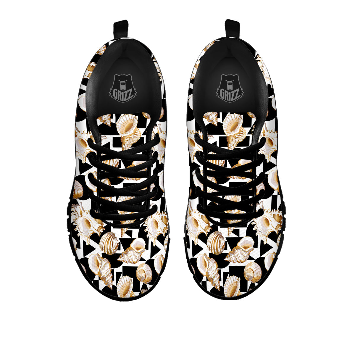 Geometric Gold Sea Shell Print Pattern Black Sneaker-grizzshop