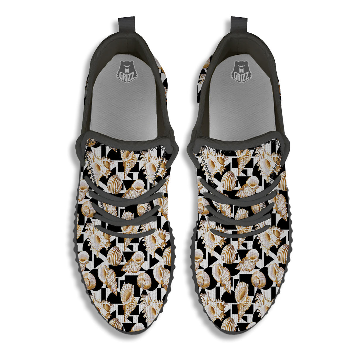 Geometric Gold Sea Shell Print Pattern Black Walking Shoes-grizzshop
