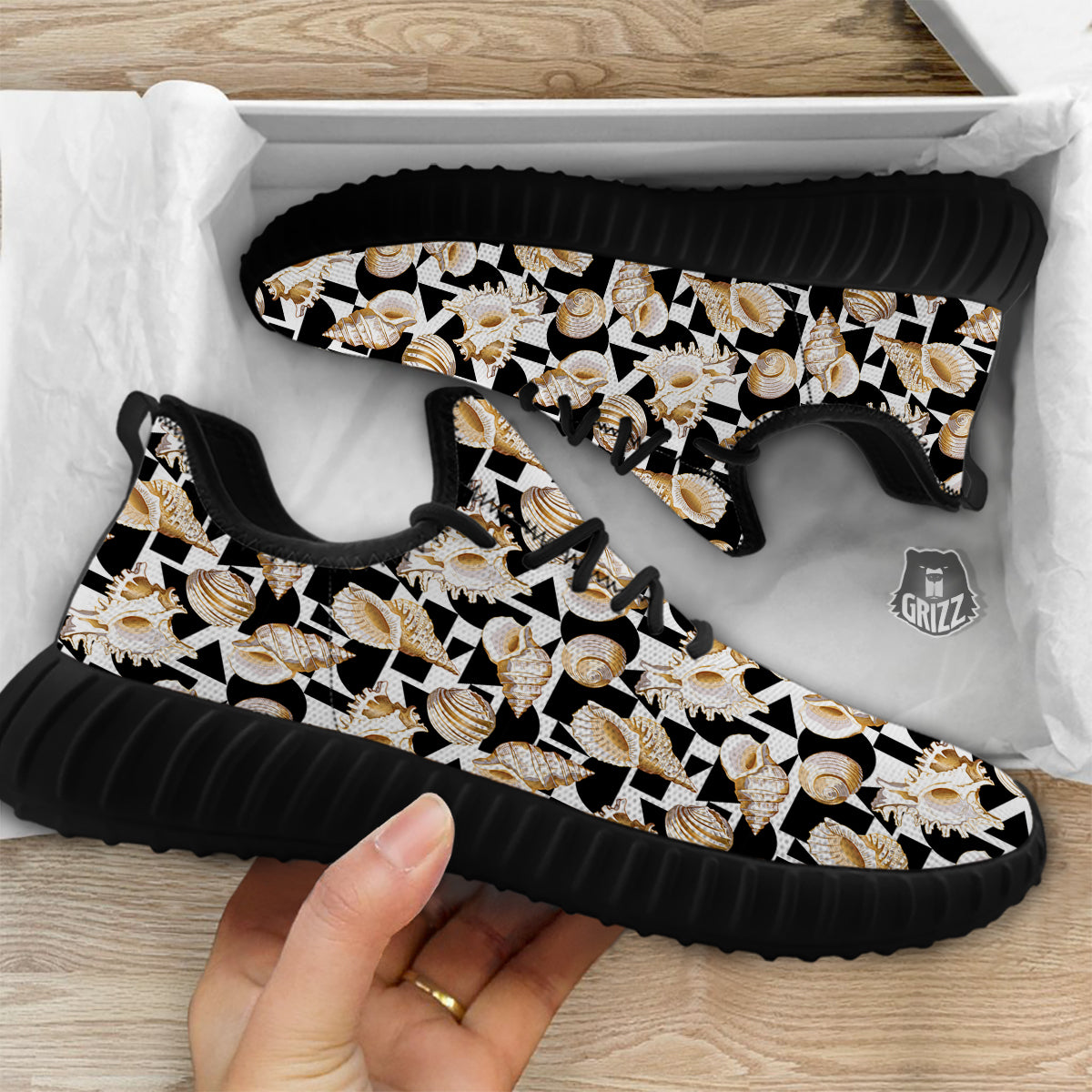 Geometric Gold Sea Shell Print Pattern Black Walking Shoes-grizzshop