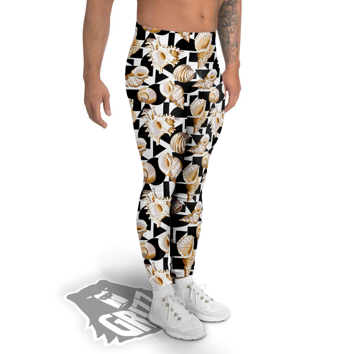 Geometric Gold Sea Shell Print Pattern Men's Leggings-grizzshop