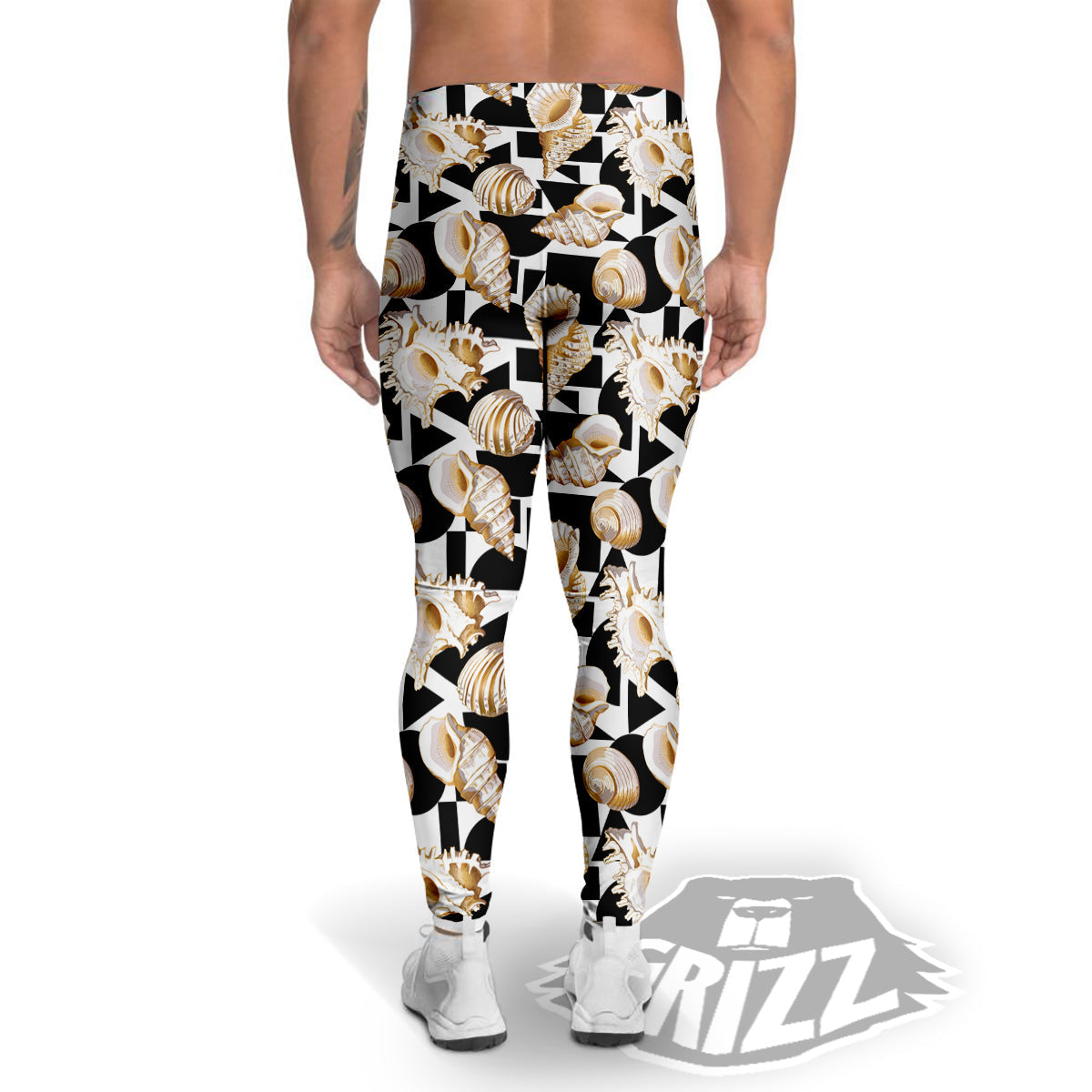 Geometric Gold Sea Shell Print Pattern Men's Leggings-grizzshop
