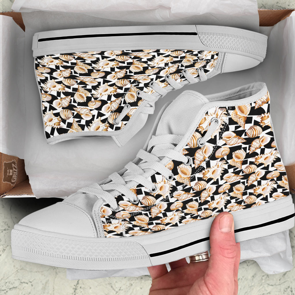 Geometric Gold Sea Shell Print Pattern White High Top Shoes-grizzshop