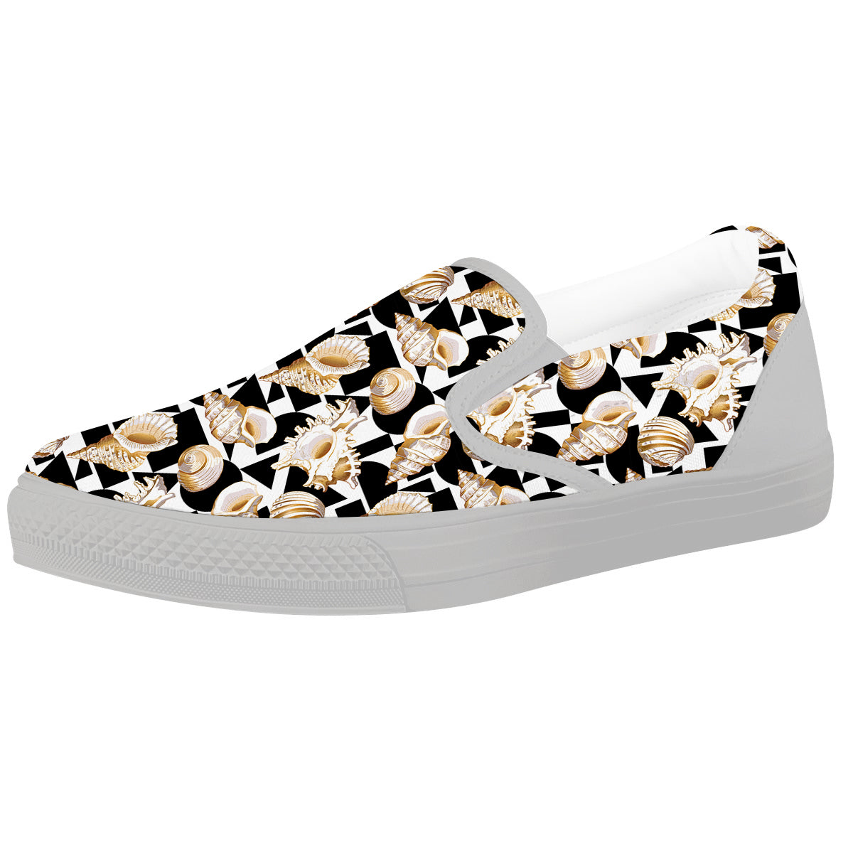 Geometric Gold Sea Shell Print Pattern White Slip On Shoes-grizzshop