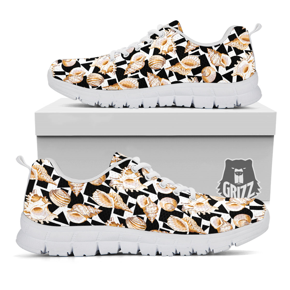 Geometric Gold Sea Shell Print Pattern White Sneaker-grizzshop