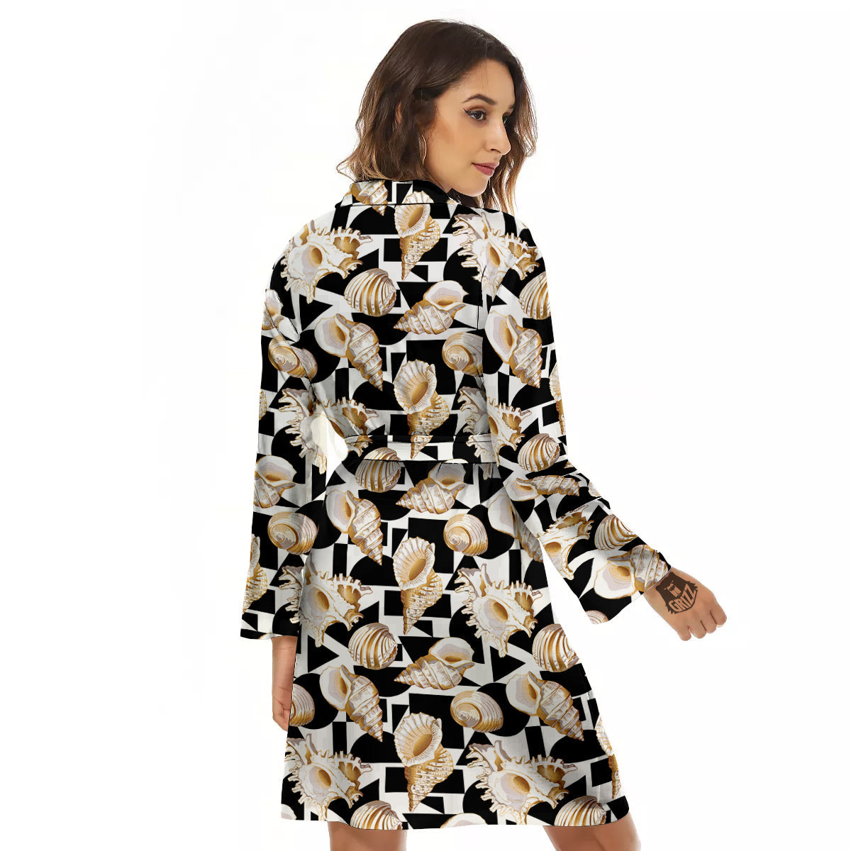 Geometric Gold Sea Shell Print Pattern Women's Robe-grizzshop