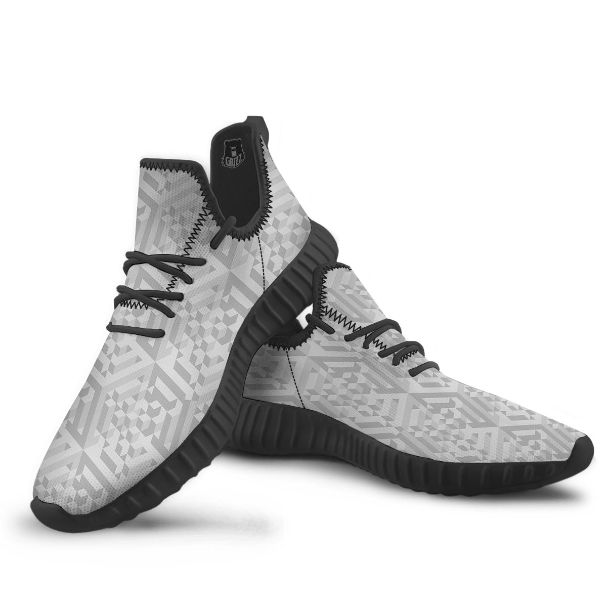 Geometric Grey Polygonal Print Black Walking Shoes-grizzshop