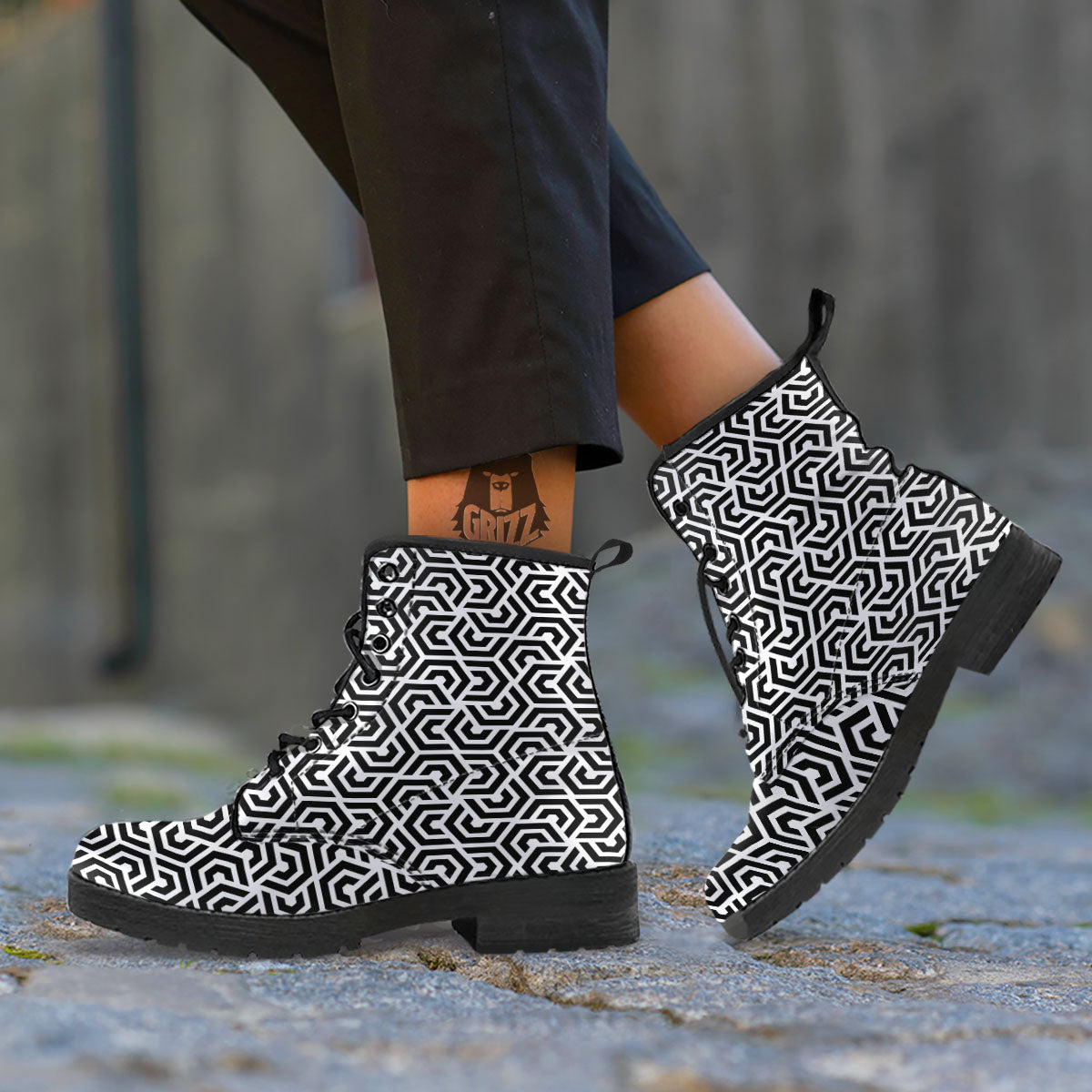 Geometric Hexagon Print Pattern Leather Boots-grizzshop