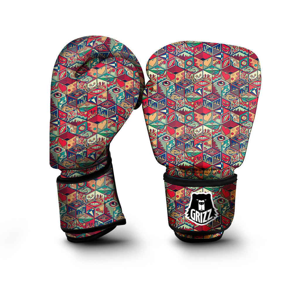Geometric Hexagon Vintage Print Pattern Boxing Gloves-grizzshop