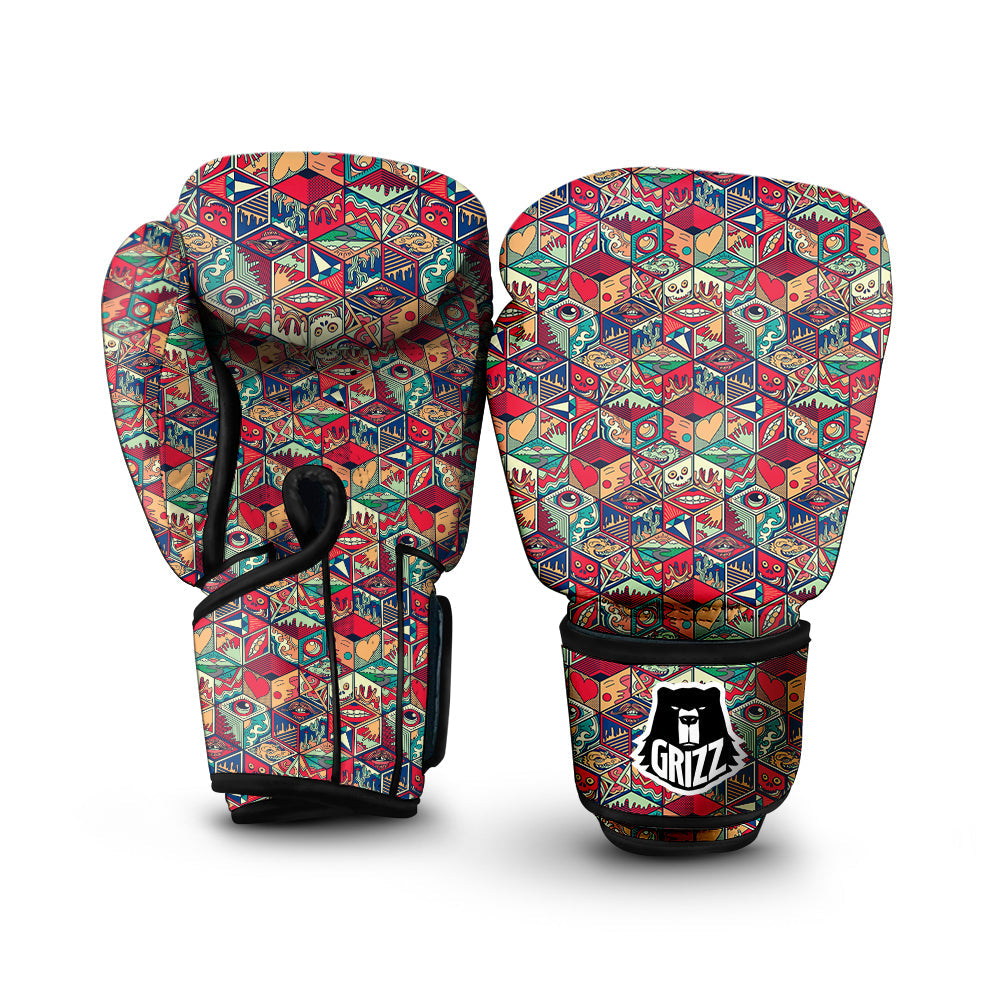 Geometric Hexagon Vintage Print Pattern Boxing Gloves-grizzshop