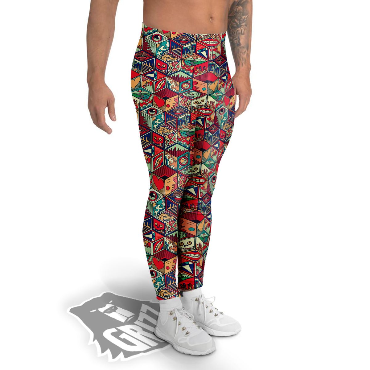 Geometric Hexagon Vintage Print Pattern Men's Leggings-grizzshop