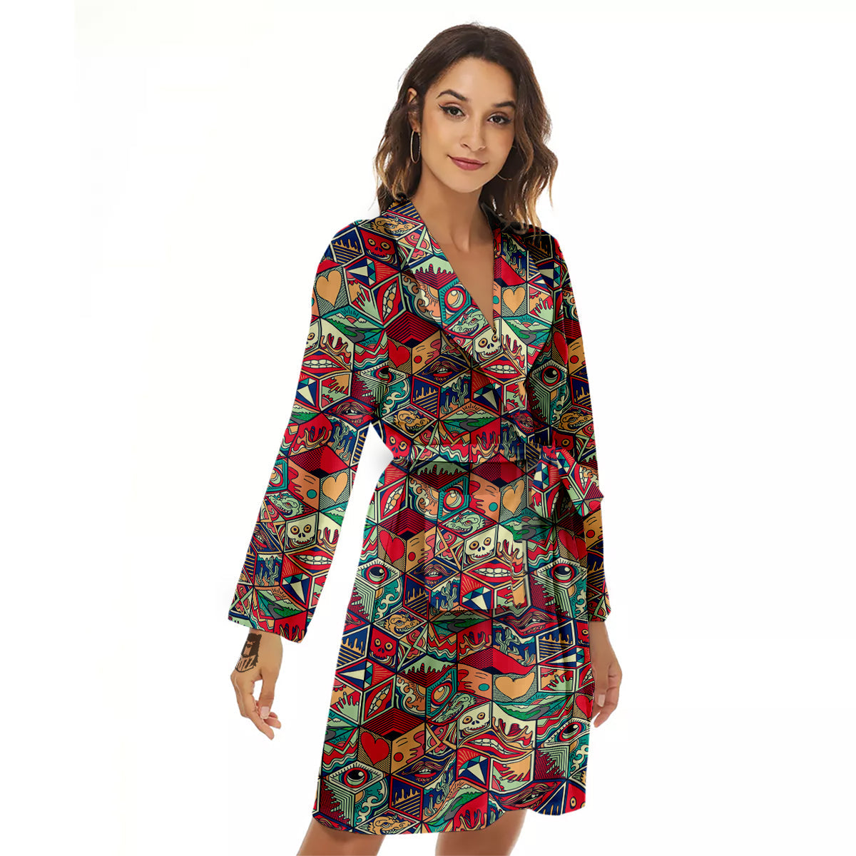 Geometric Hexagon Vintage Print Pattern Women's Robe-grizzshop