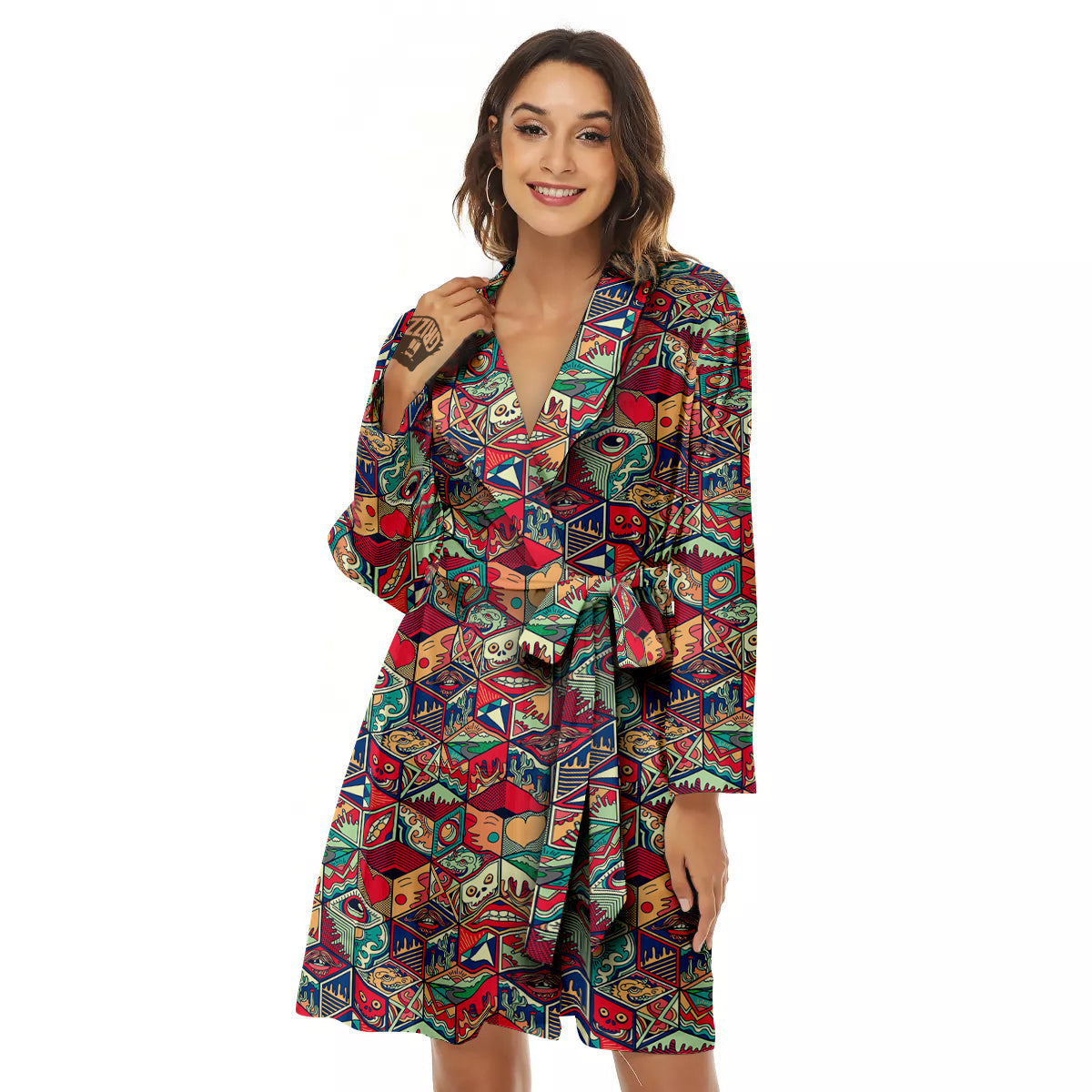Geometric Hexagon Vintage Print Pattern Women's Robe-grizzshop