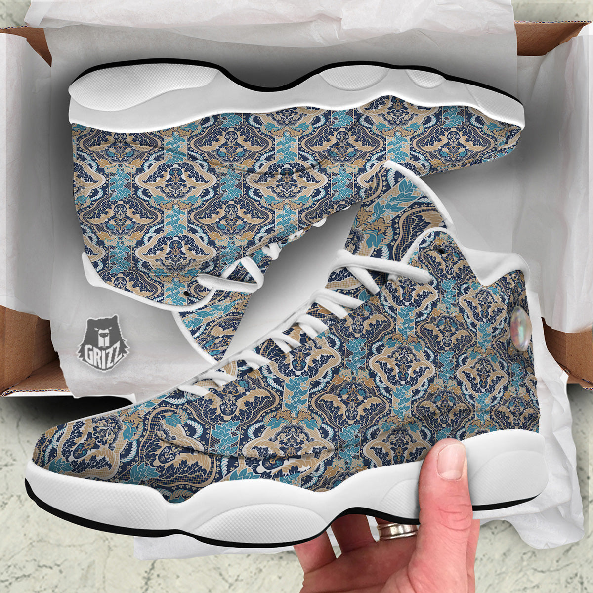 Geometric Indian Ornamental Print Pattern White Basketball Shoes-grizzshop