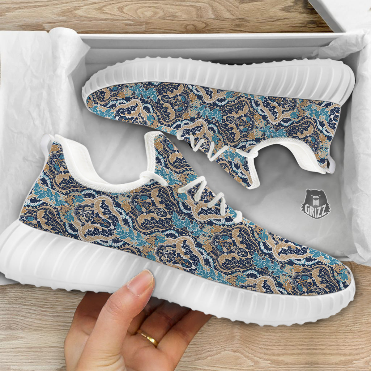 Geometric Indian Ornamental Print Pattern White Walking Shoes-grizzshop