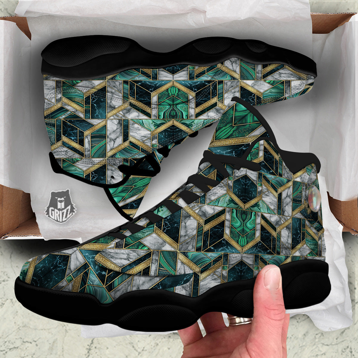 Geometric Marble Dark Green And Gold Print Pattern Black Basketball Shoes-grizzshop