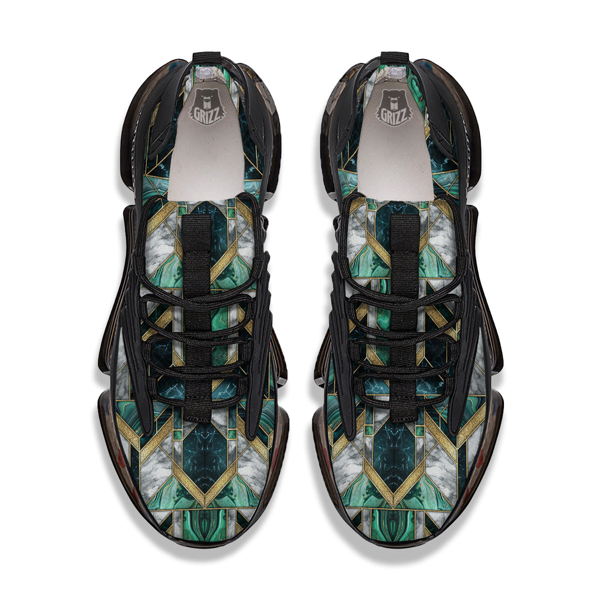 Geometric Marble Dark Green And Gold Print Pattern Black Gym Shoes-grizzshop