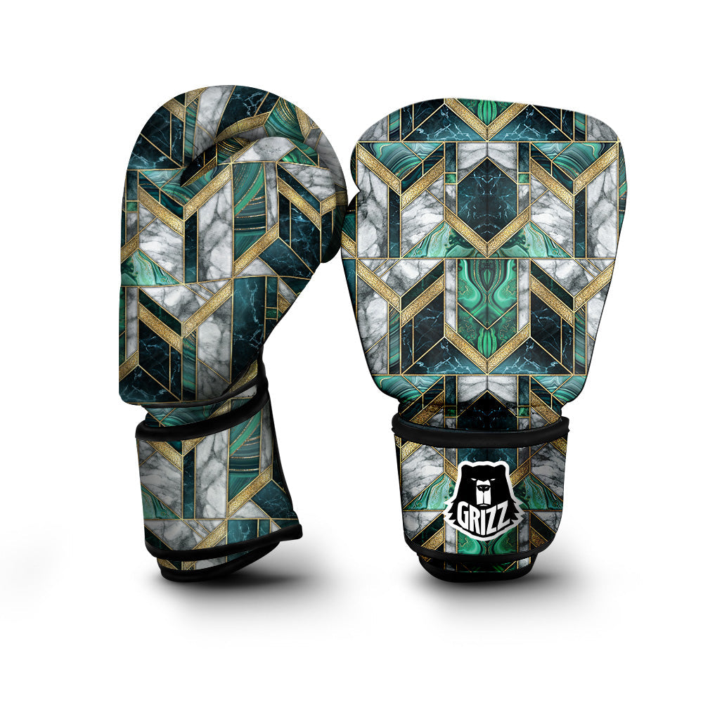 Geometric Marble Dark Green And Gold Print Pattern Boxing Gloves-grizzshop