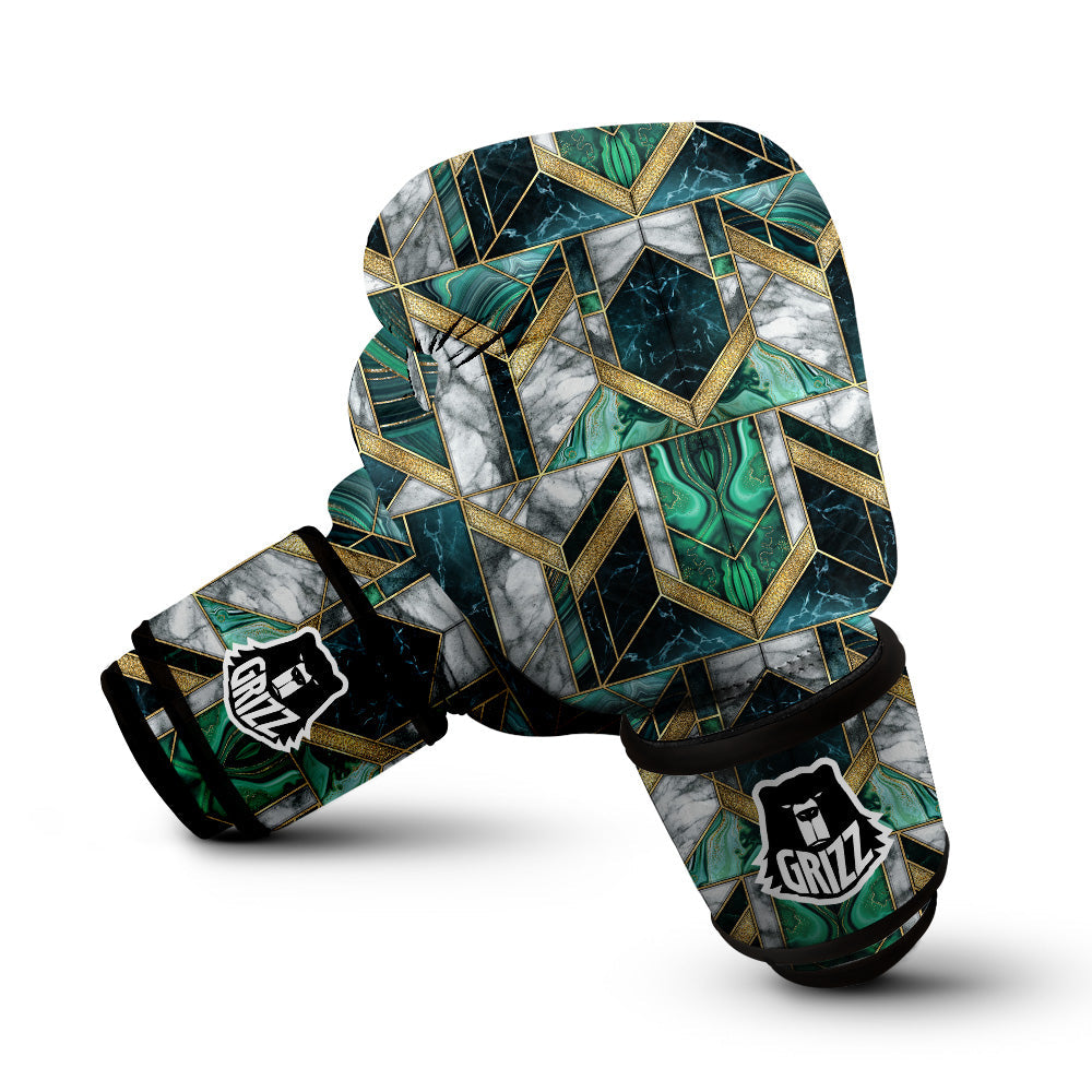 Geometric Marble Dark Green And Gold Print Pattern Boxing Gloves-grizzshop