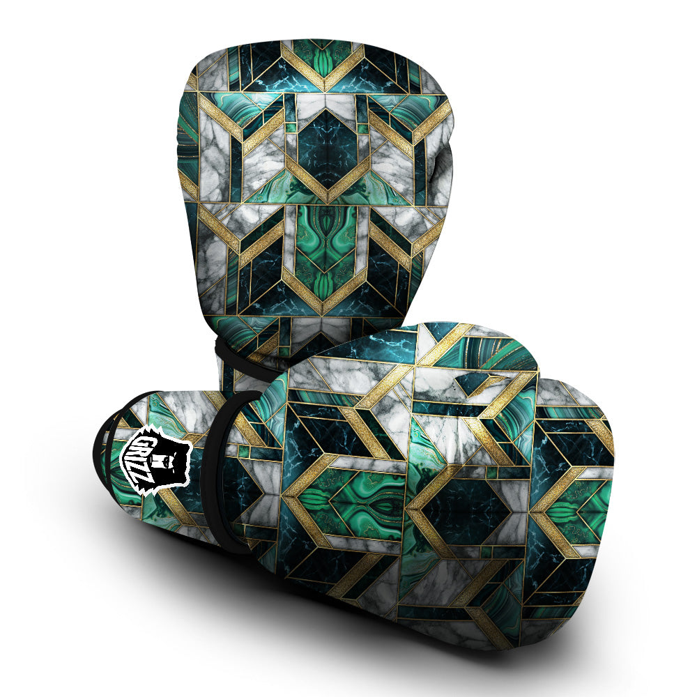 Geometric Marble Dark Green And Gold Print Pattern Boxing Gloves-grizzshop