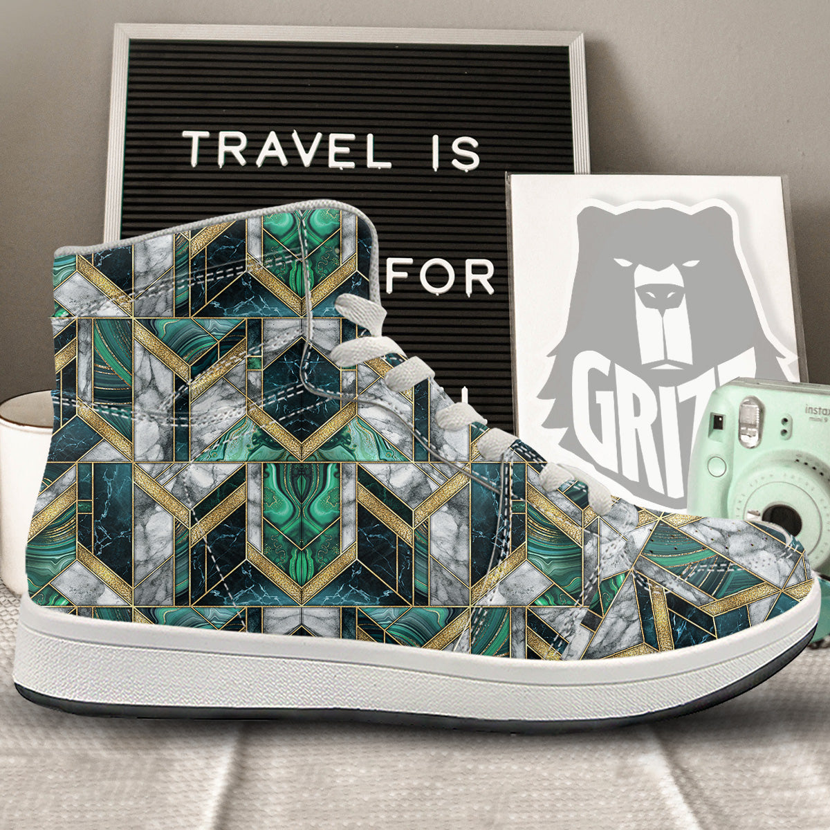 Geometric Marble Dark Green And Gold Print Pattern High Top Sneakers-grizzshop