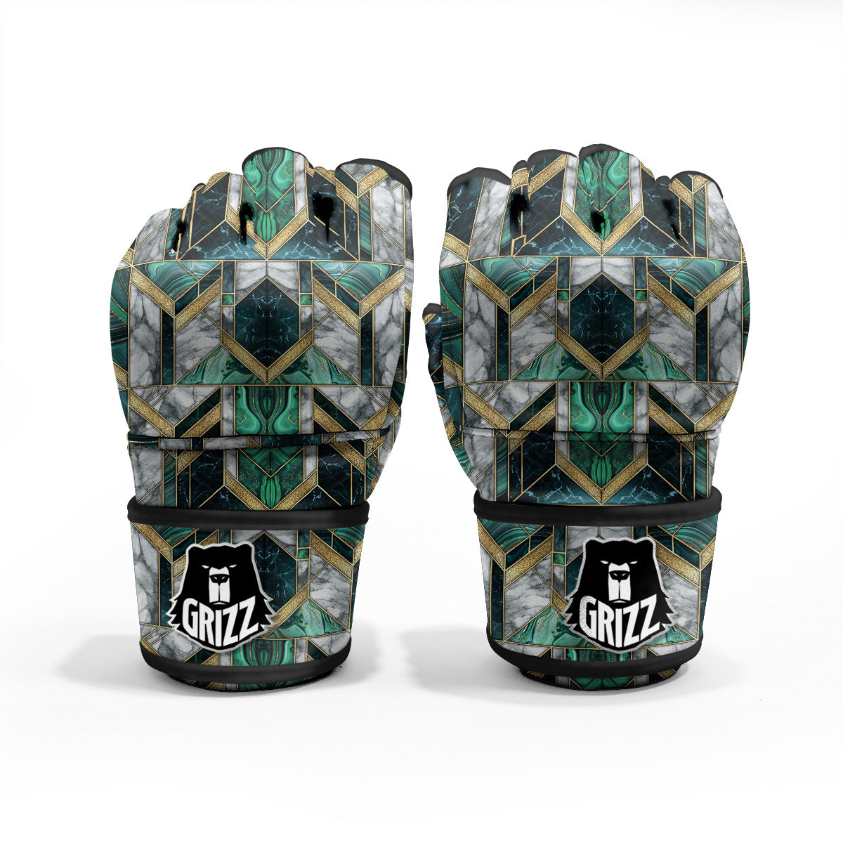 Geometric Marble Dark Green And Gold Print Pattern MMA Gloves-grizzshop