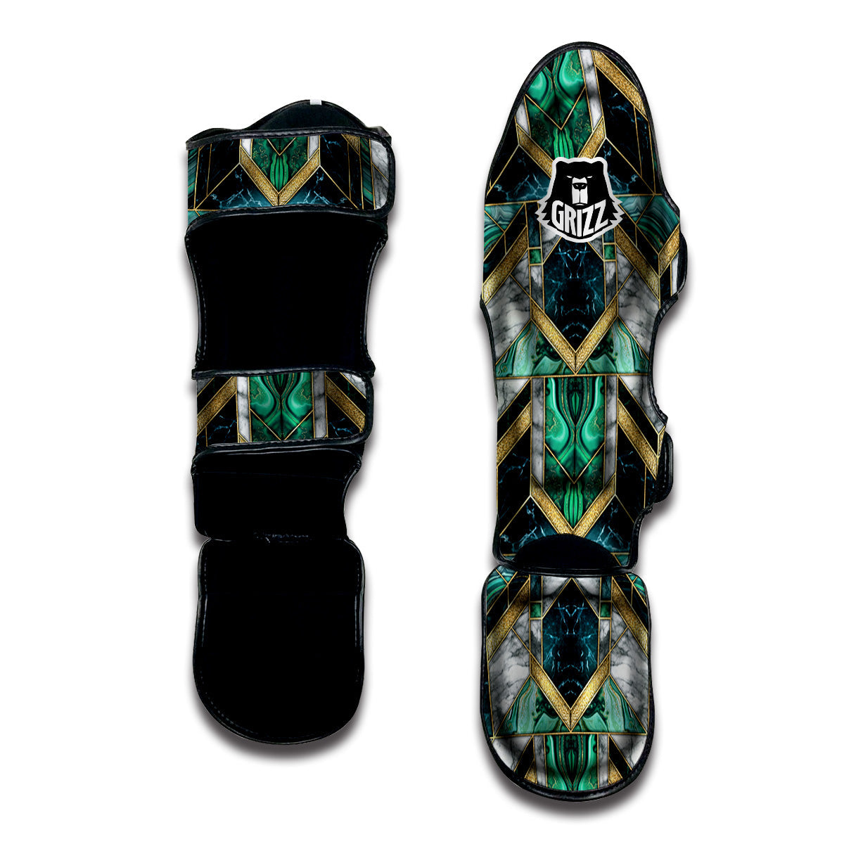 Geometric Marble Dark Green And Gold Print Pattern Muay Thai Shin Guards-grizzshop