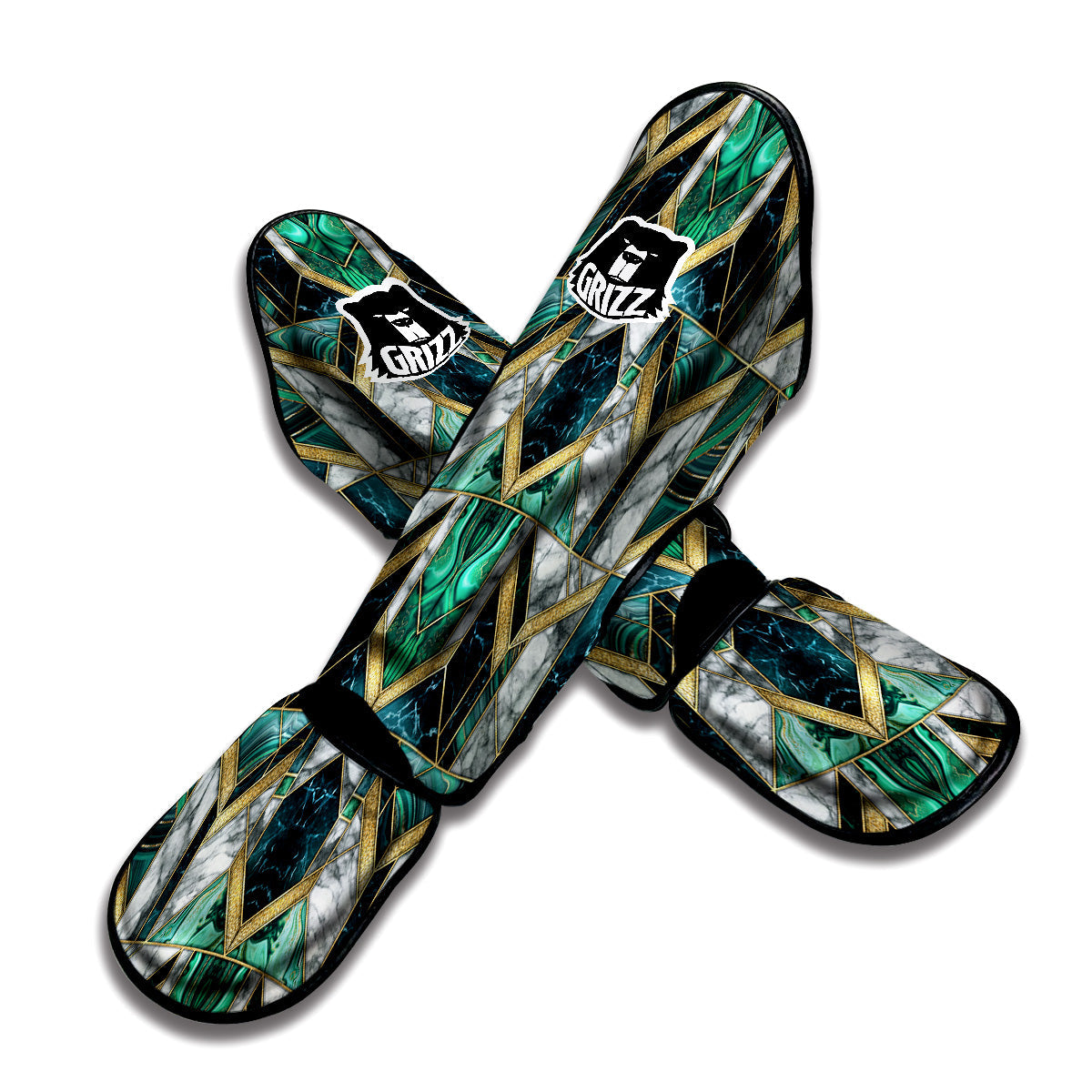Geometric Marble Dark Green And Gold Print Pattern Muay Thai Shin Guards-grizzshop