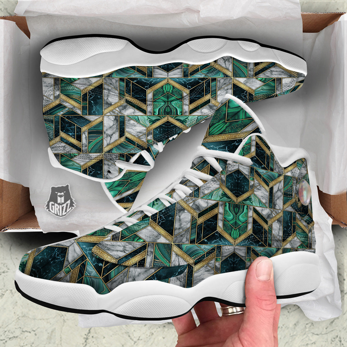 Geometric Marble Dark Green And Gold Print Pattern White Basketball Shoes-grizzshop
