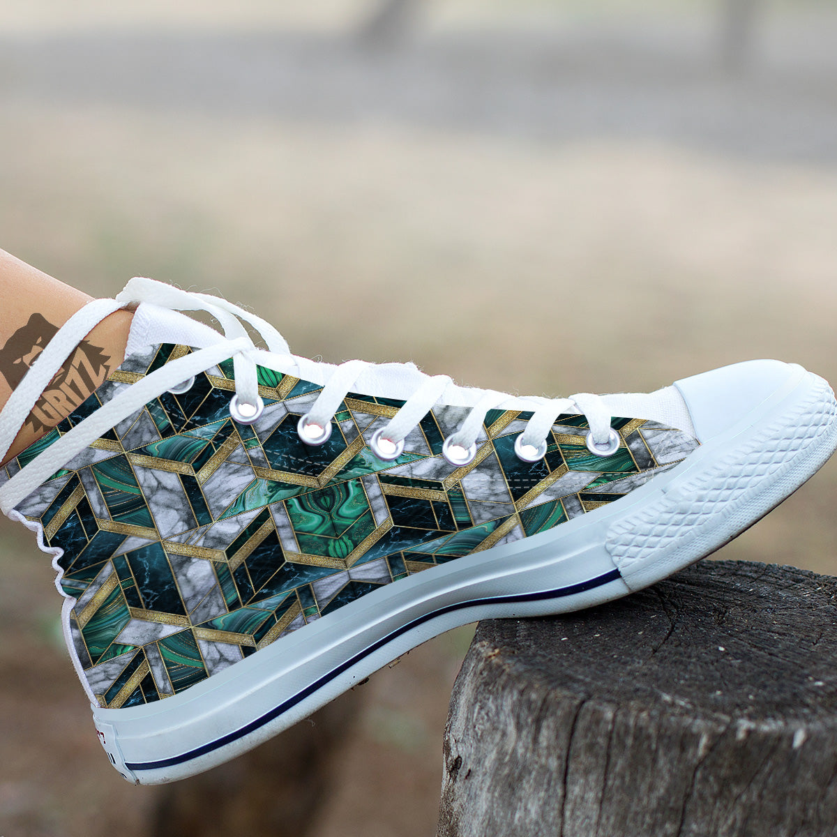 Geometric Marble Dark Green And Gold Print Pattern White High Top Shoes-grizzshop