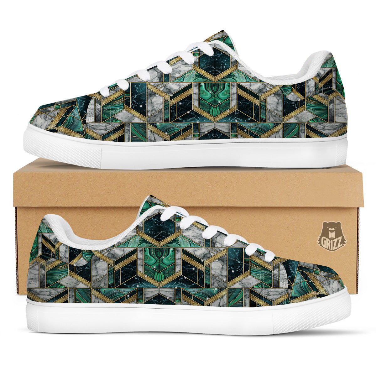 Geometric Marble Dark Green And Gold Print Pattern White Low Top Sneakers-grizzshop