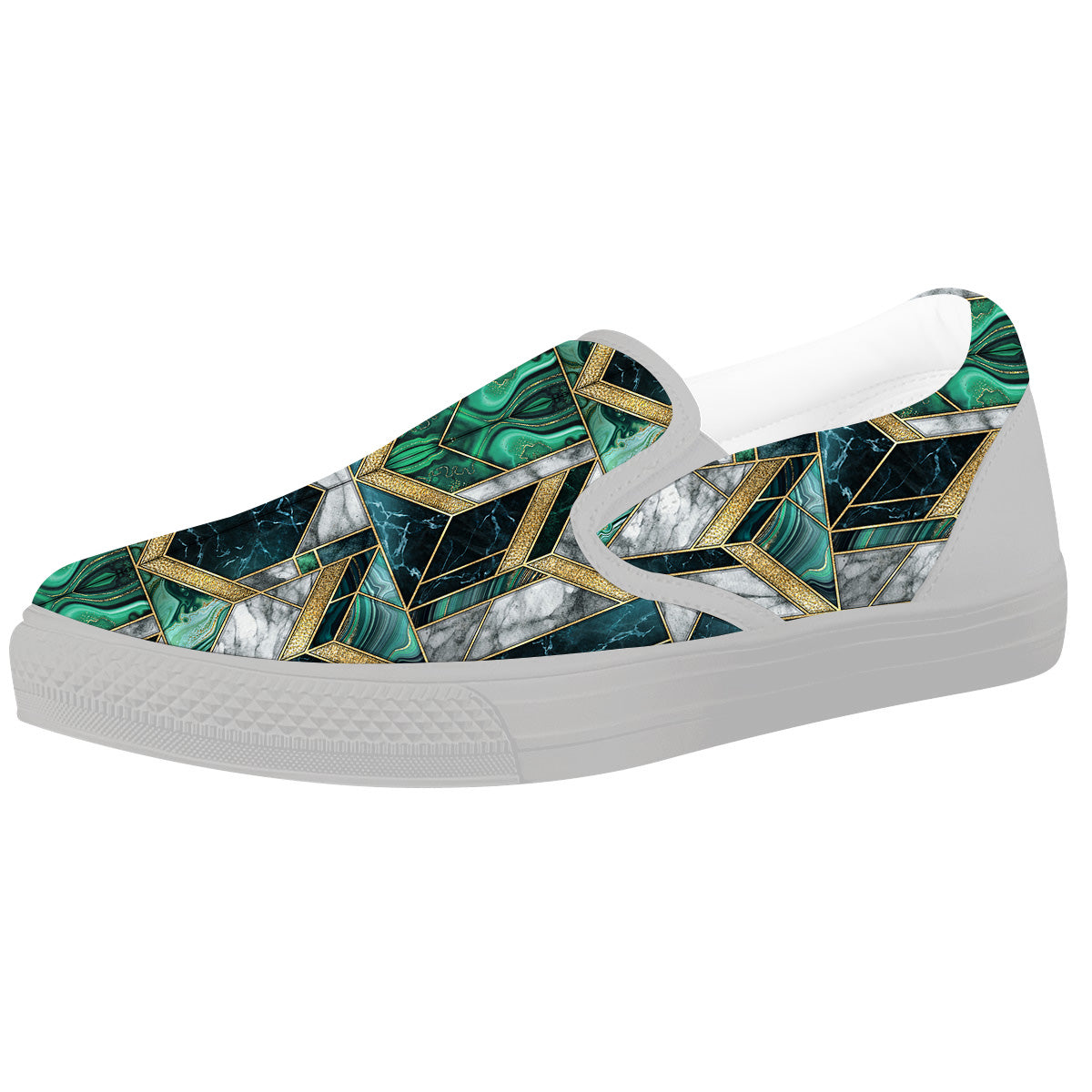 Geometric Marble Dark Green And Gold Print Pattern White Slip On Shoes-grizzshop
