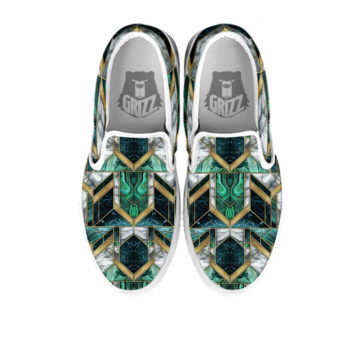Geometric Marble Dark Green And Gold Print Pattern White Slip On Shoes-grizzshop