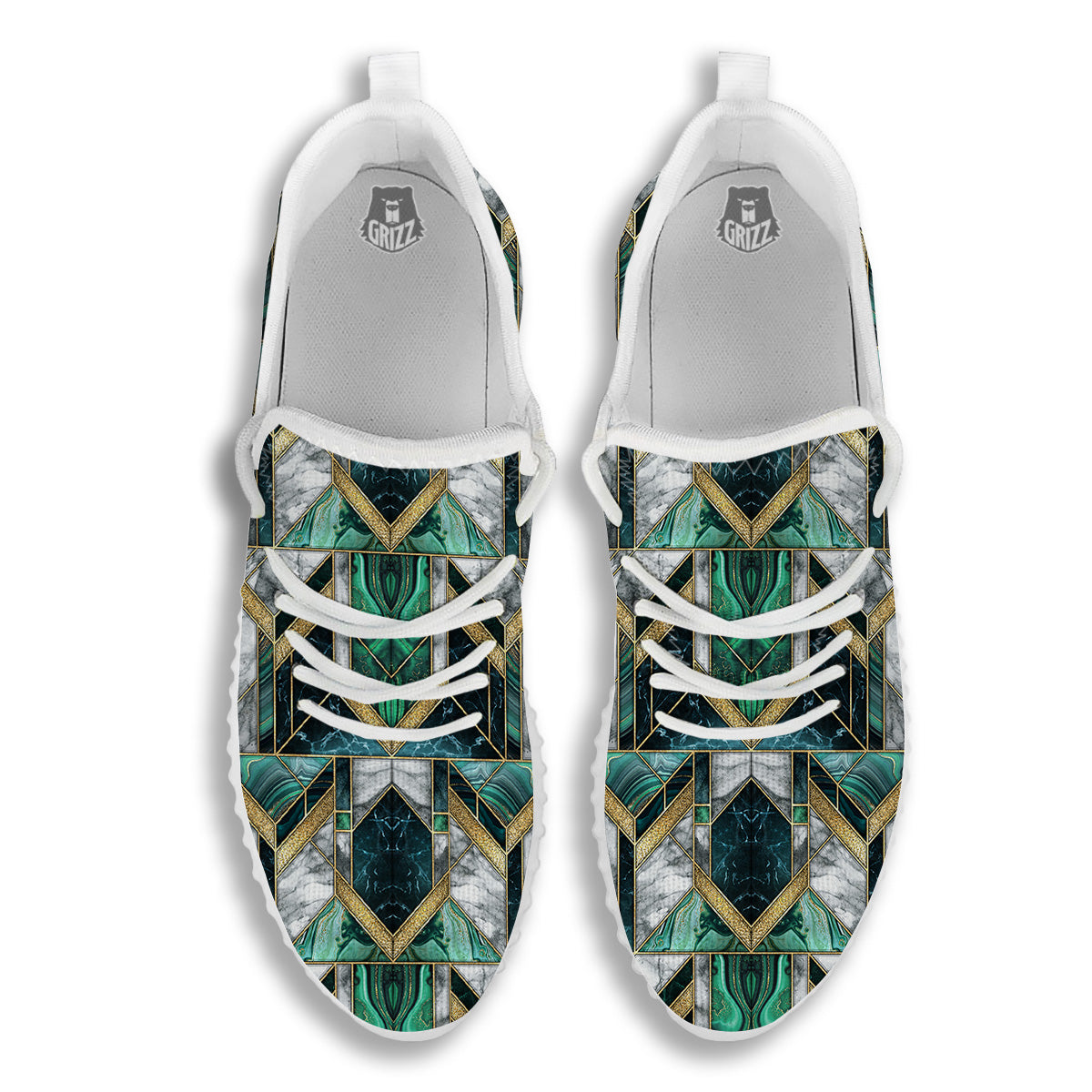 Geometric Marble Dark Green And Gold Print Pattern White Walking Shoes-grizzshop