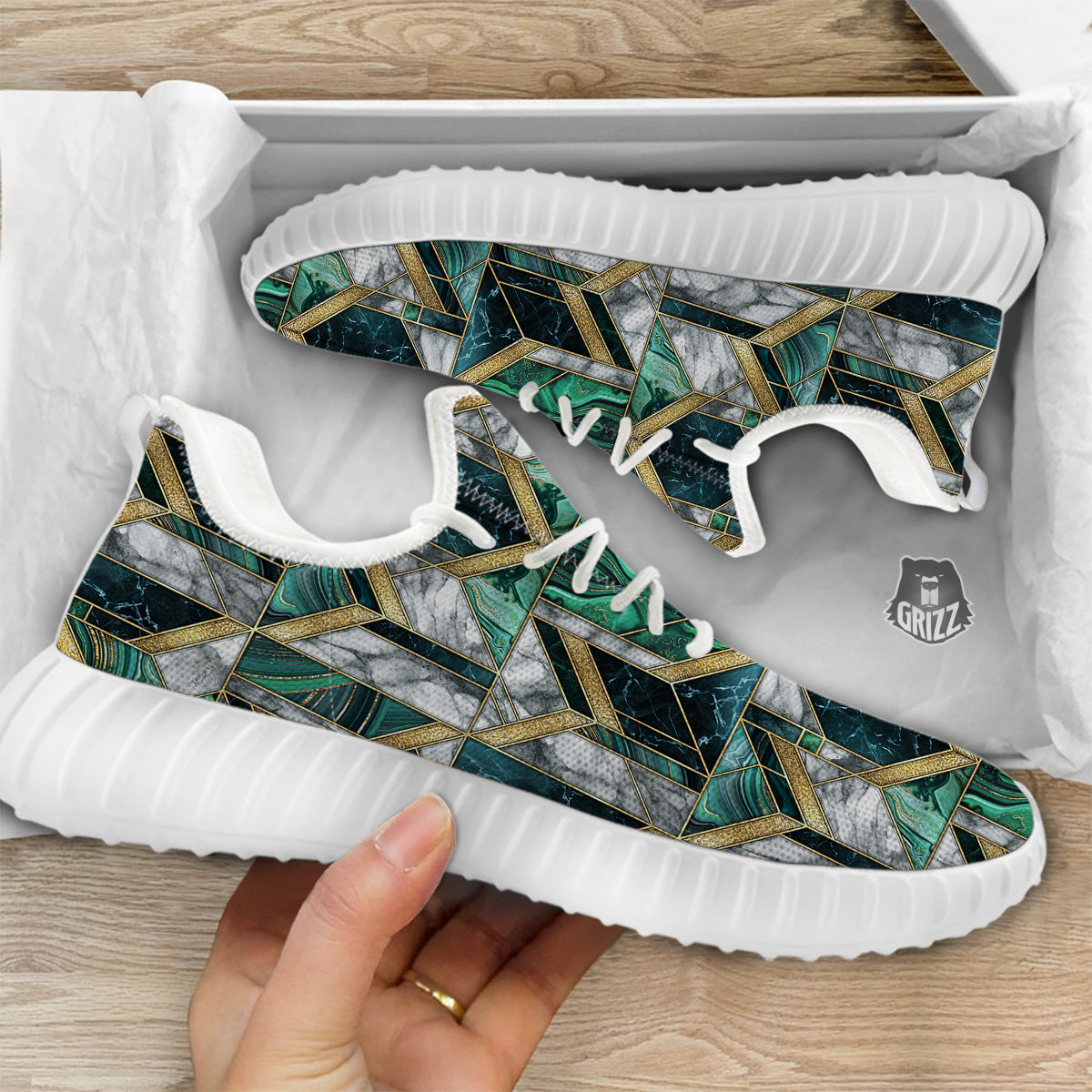 Geometric Marble Dark Green And Gold Print Pattern White Walking Shoes-grizzshop