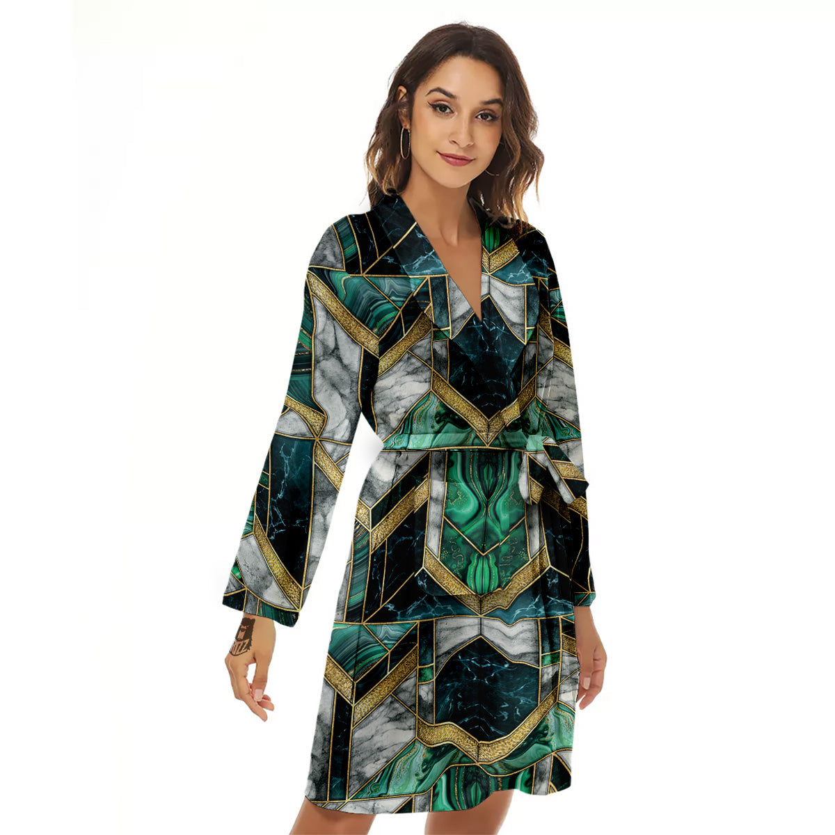 Geometric Marble Dark Green And Gold Print Pattern Women's Robe-grizzshop