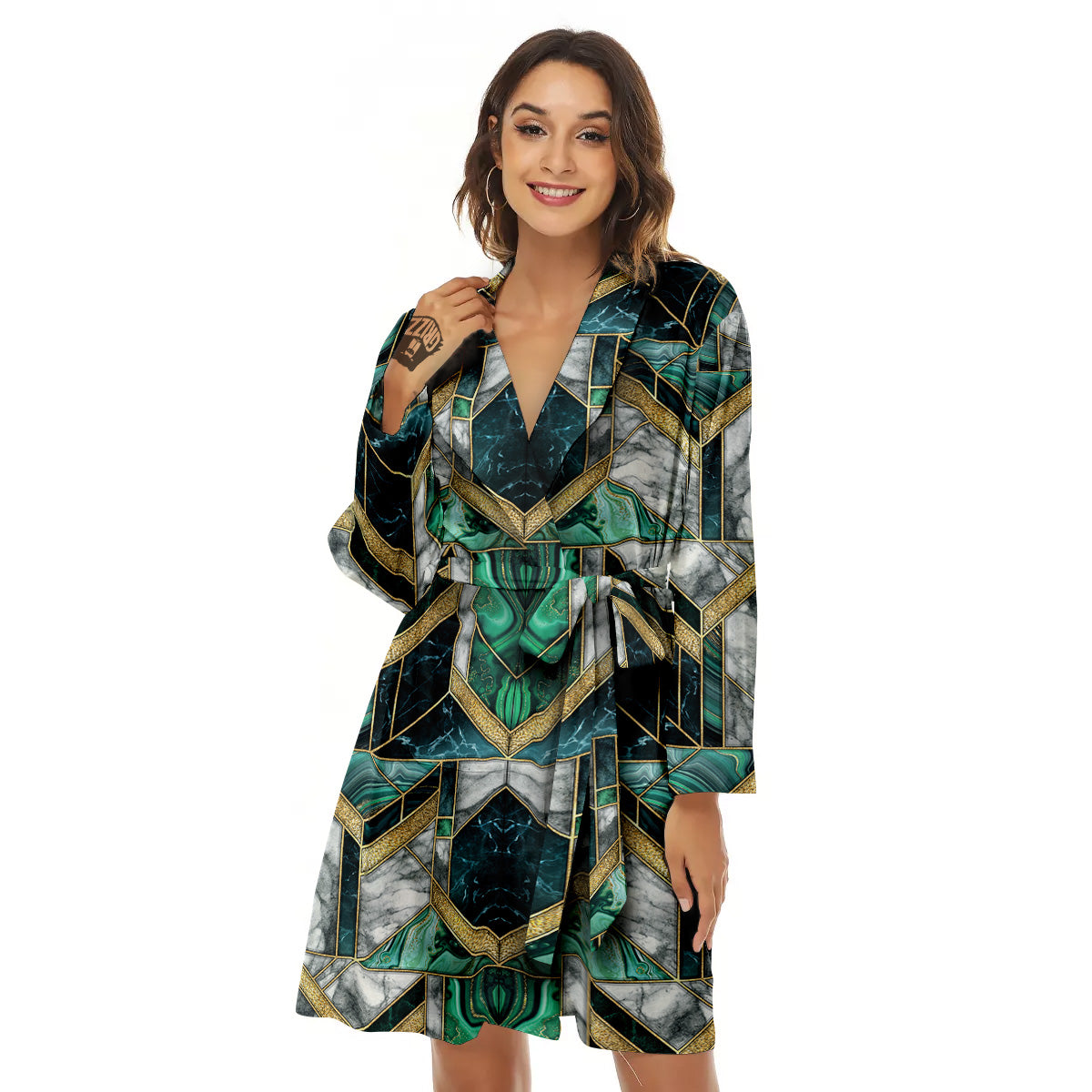 Geometric Marble Dark Green And Gold Print Pattern Women's Robe-grizzshop