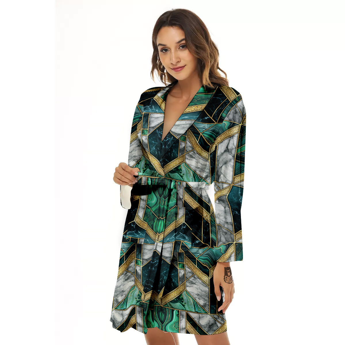 Geometric Marble Dark Green And Gold Print Pattern Women's Robe-grizzshop