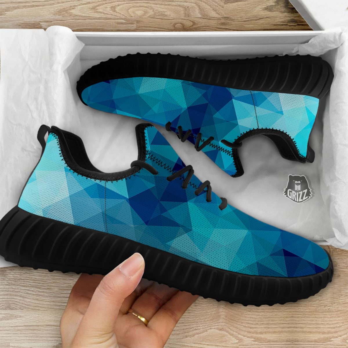 Geometric Mosaic Blue Print Black Walking Shoes-grizzshop