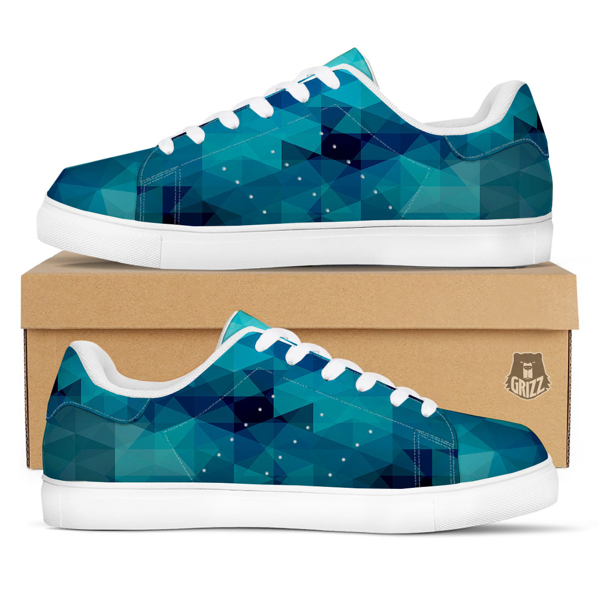 Geometric Mosaic Blue Print White Low Top Sneakers-grizzshop