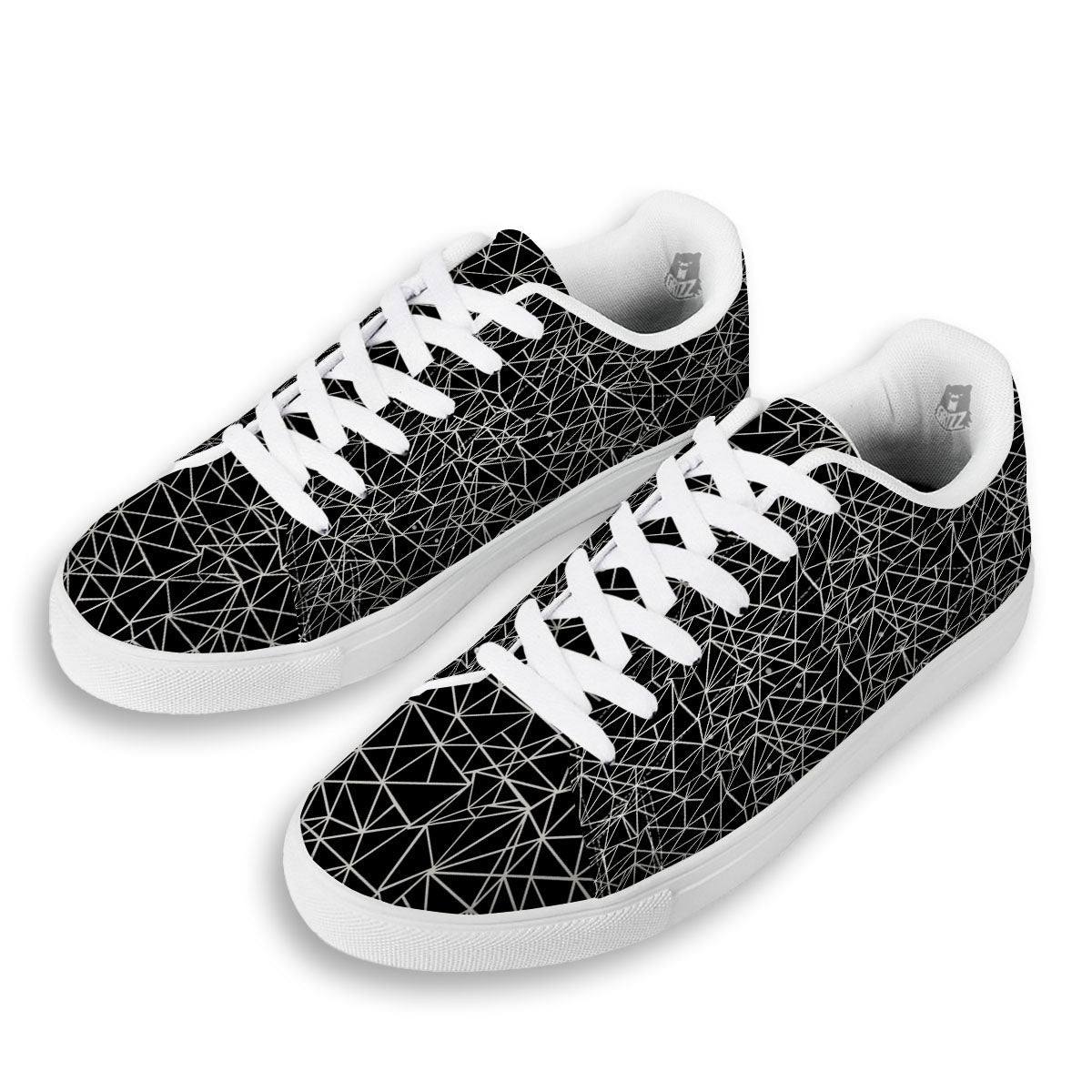 Geometric Mosaic White And Black Print White Low Top Sneakers-grizzshop