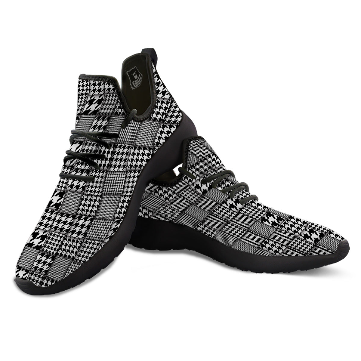 Geometric Patchwork Houndstooth Print Pattern Black Athletic Shoes-grizzshop