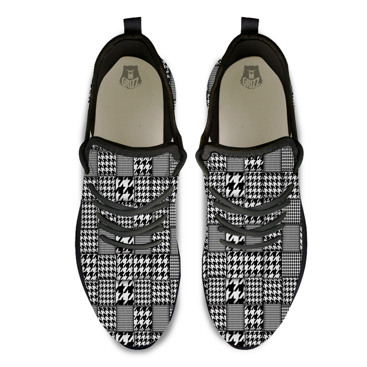 Geometric Patchwork Houndstooth Print Pattern Black Athletic Shoes-grizzshop
