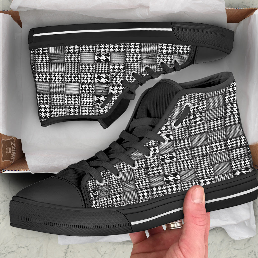 Geometric Patchwork Houndstooth Print Pattern Black High Top Shoes-grizzshop