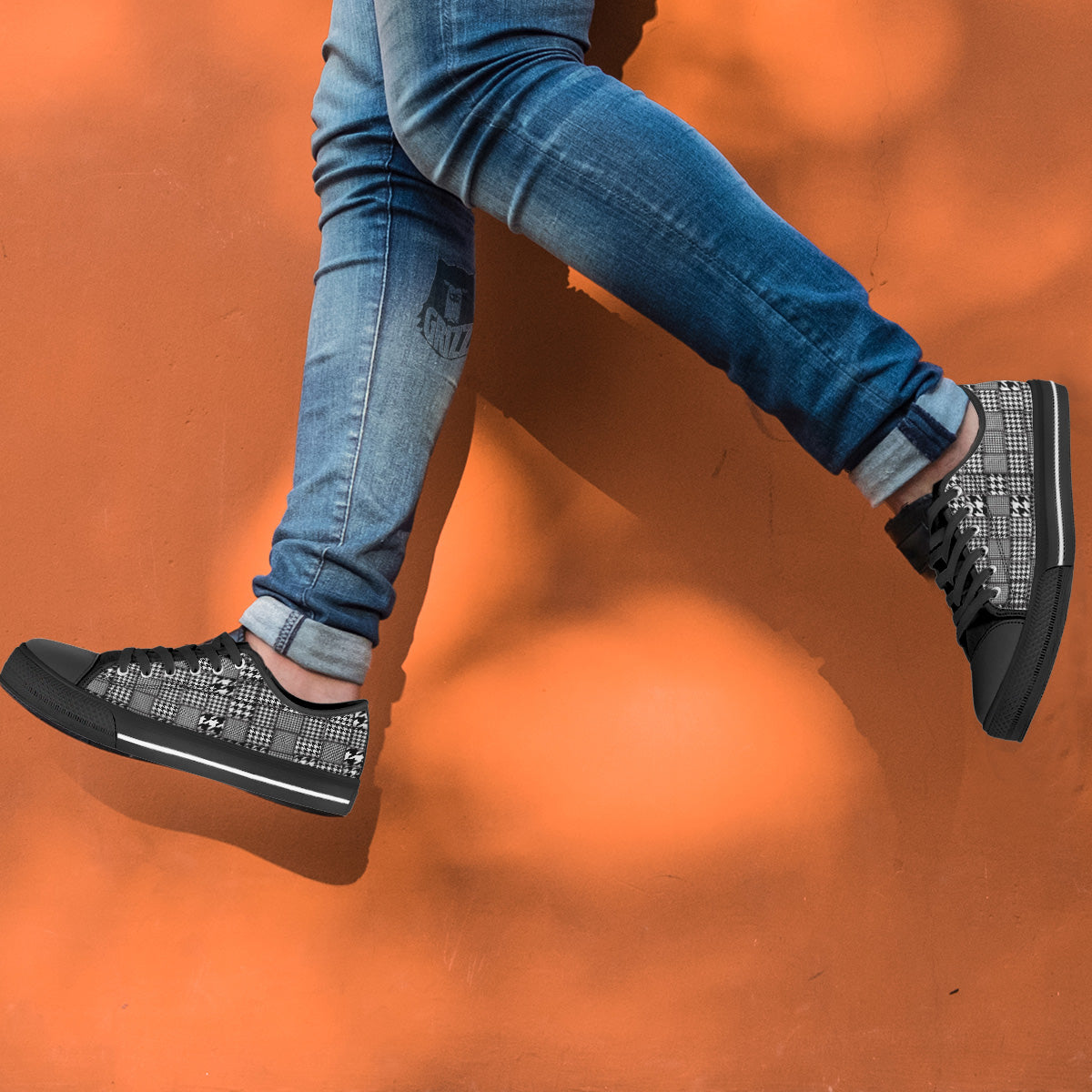 Geometric Patchwork Houndstooth Print Pattern Black Low Top Shoes-grizzshop