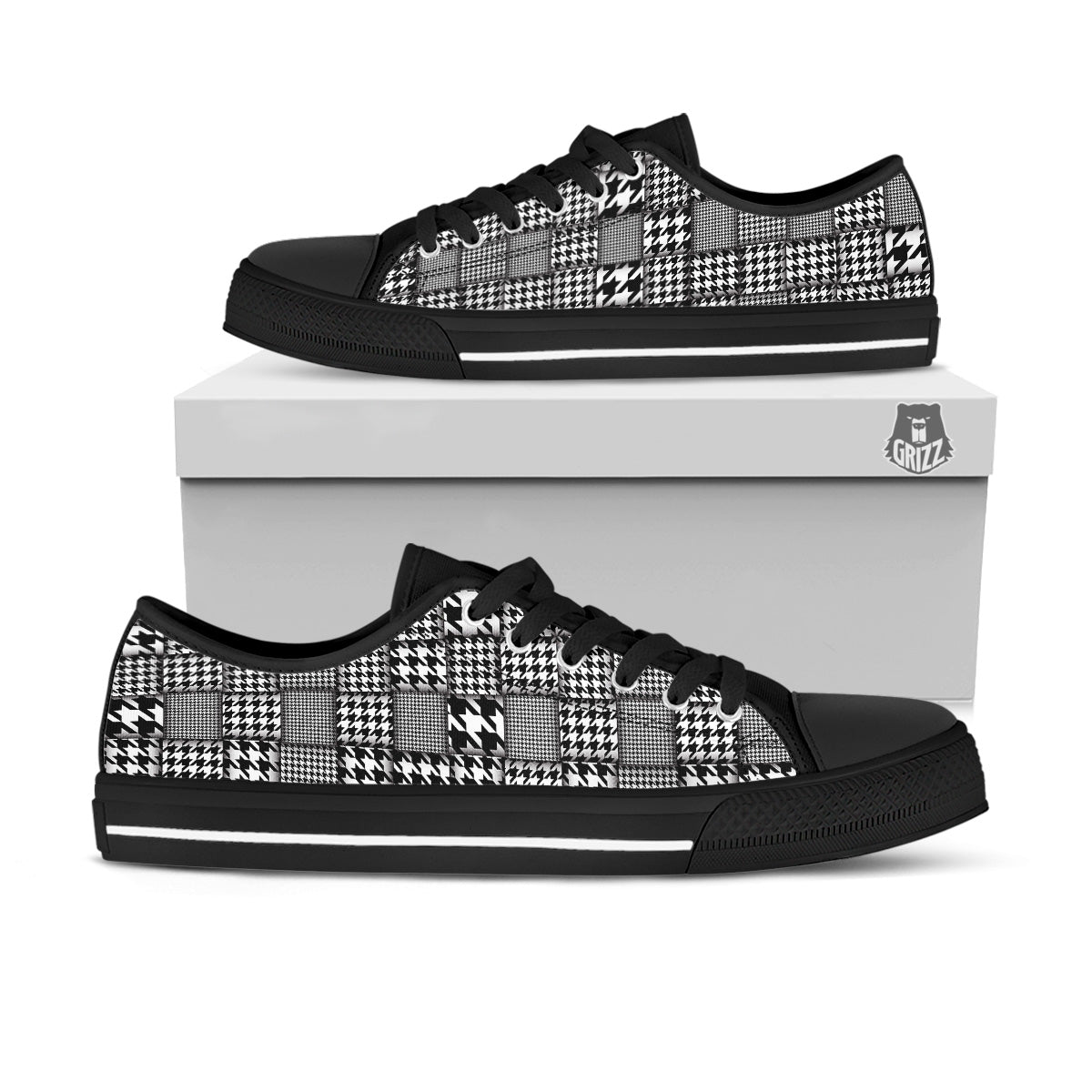 Geometric Patchwork Houndstooth Print Pattern Black Low Top Shoes-grizzshop