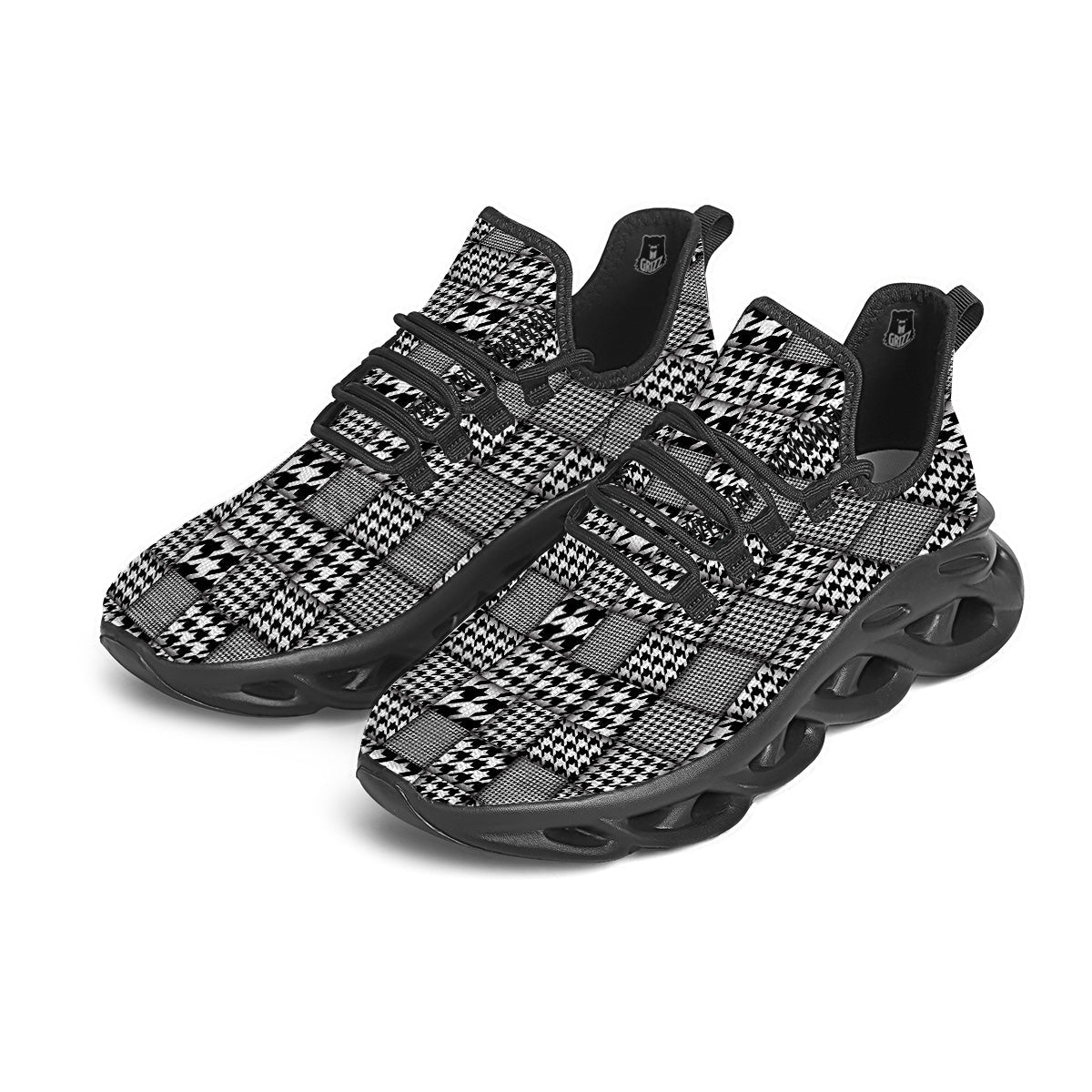Geometric Patchwork Houndstooth Print Pattern Black Running Shoes-grizzshop