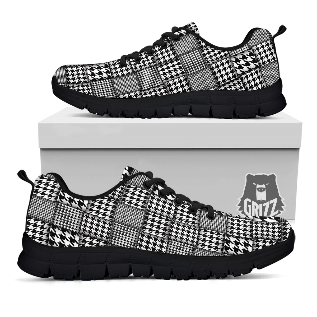 Geometric Patchwork Houndstooth Print Pattern Black Sneaker-grizzshop