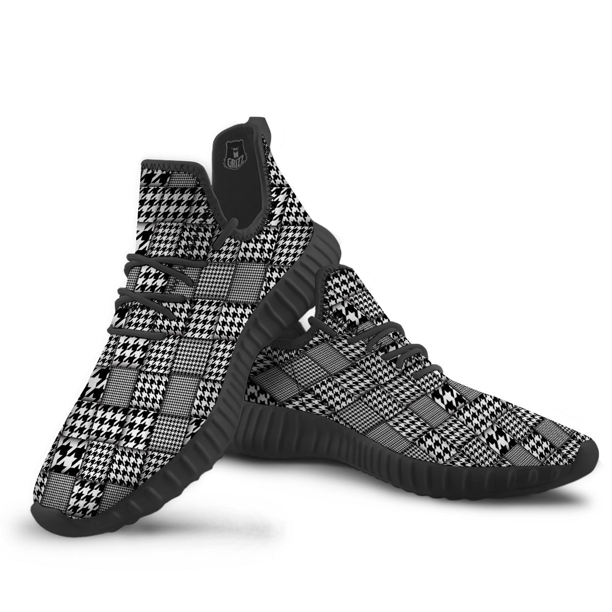 Geometric Patchwork Houndstooth Print Pattern Black Walking Shoes-grizzshop